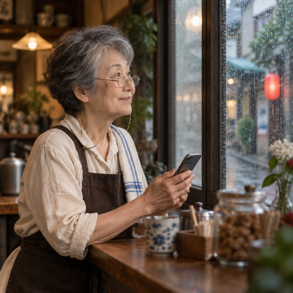 Masako checks her phone at the counter while rain sweeps across the café windows.
