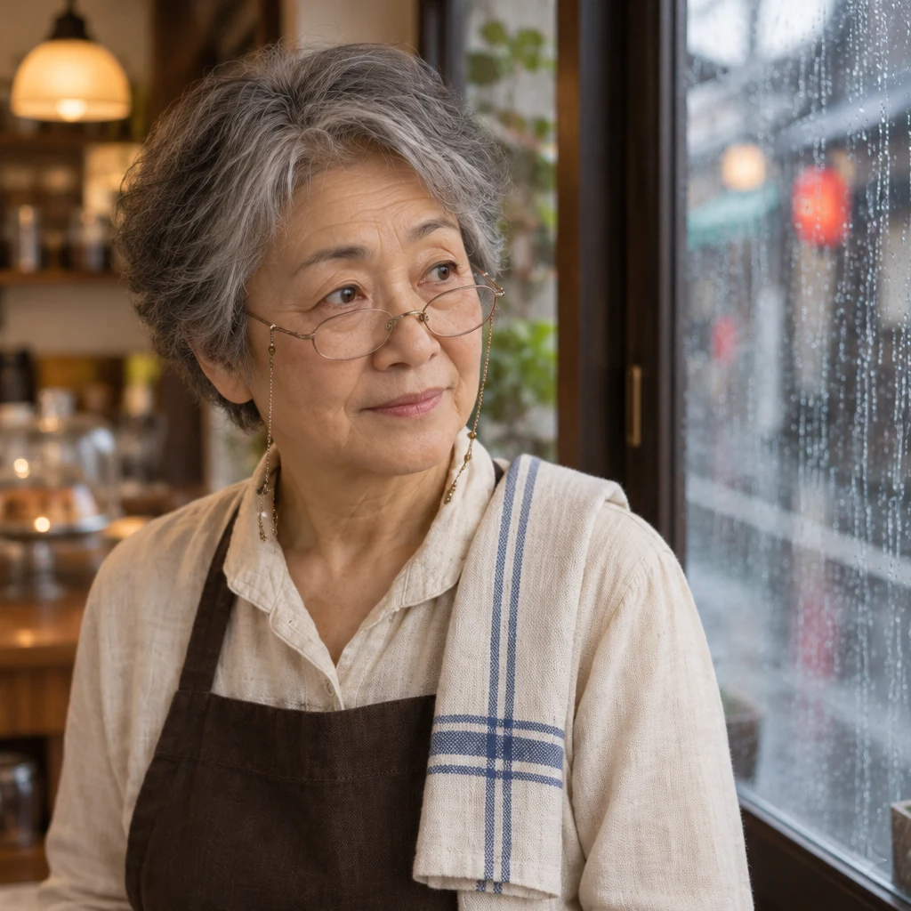 Masako turns her attention from the counter toward the rain-streaked glass door.