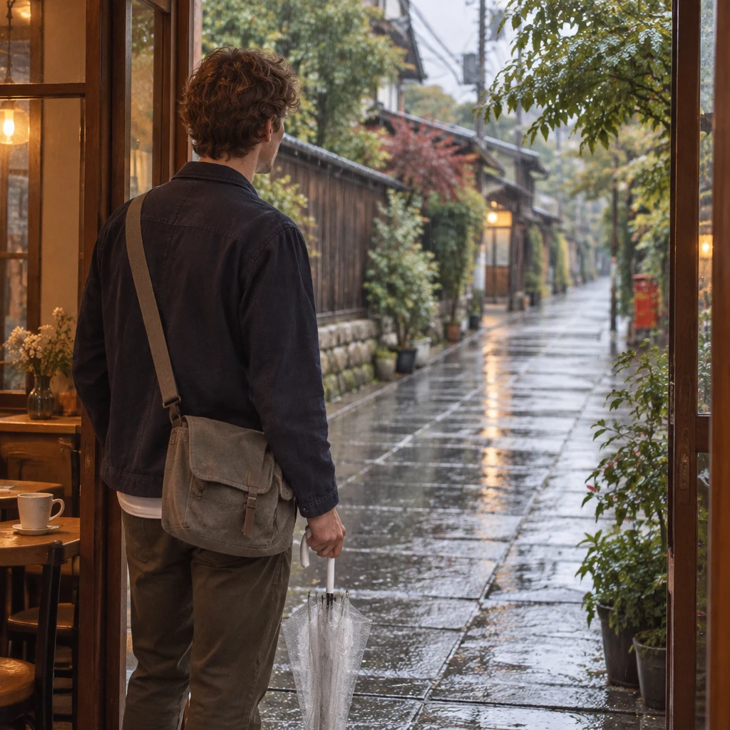 Leo looks out from the doorway toward the empty lane as he considers going to buy water.