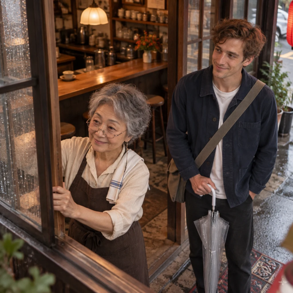 Masako draws a wooden café window shut while Leo listens nearby.