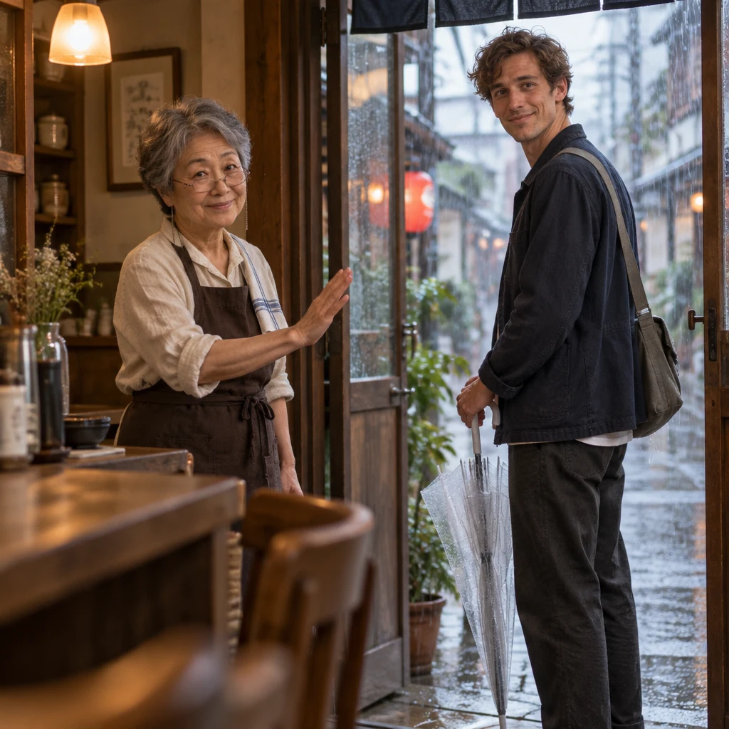 Masako raises a hand toward Leo at the entrance, asking him not to go back out into the storm.