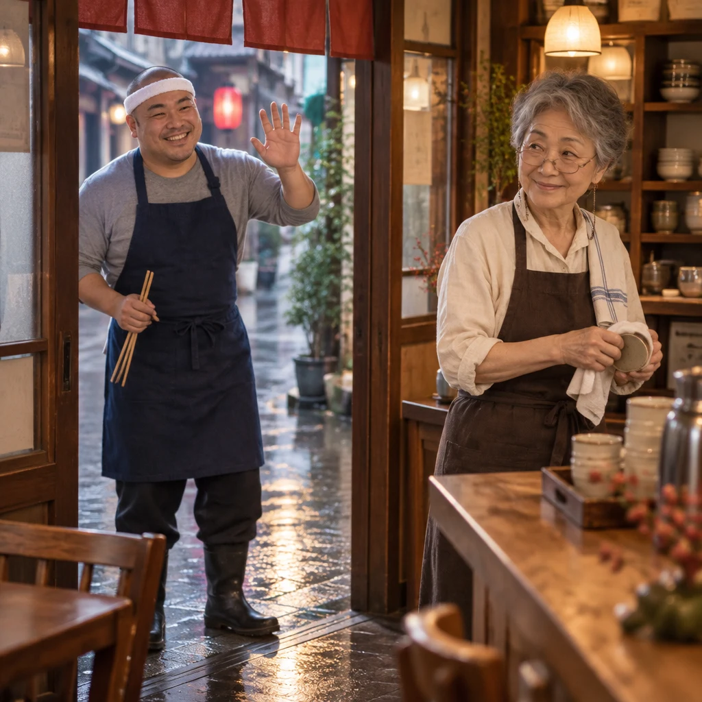 Kenta leans into the cafe from the wet lane with a greeting gesture as Masako wipes a cup.