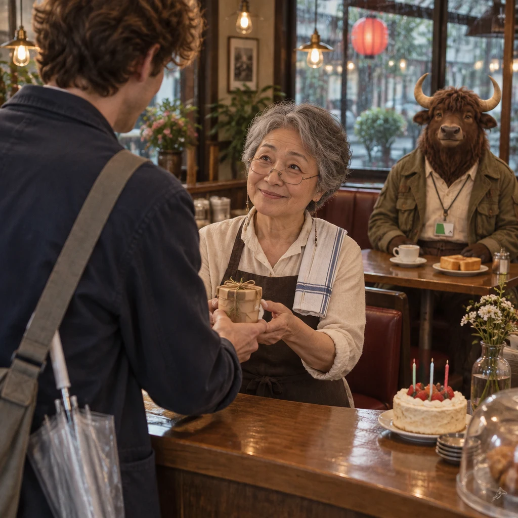 Leo holds out a wrapped gift toward Masako while Goro sits behind him with extra toast.