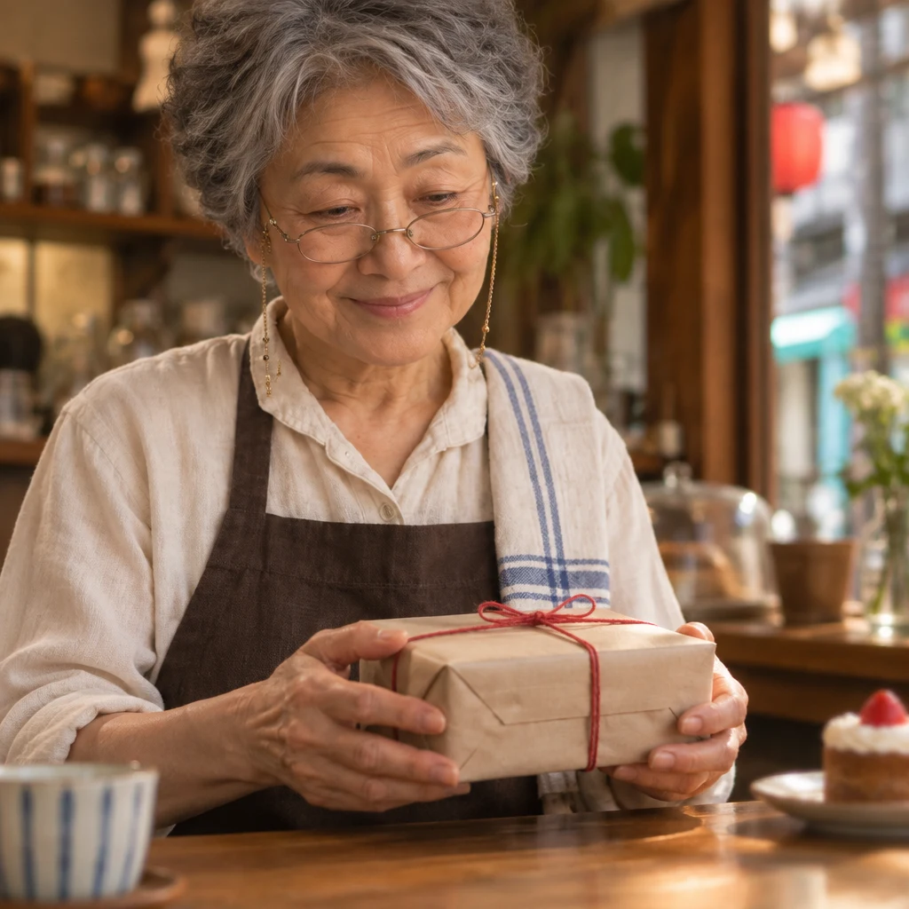 Masako pauses with the wrapped gift in both hands before opening it.