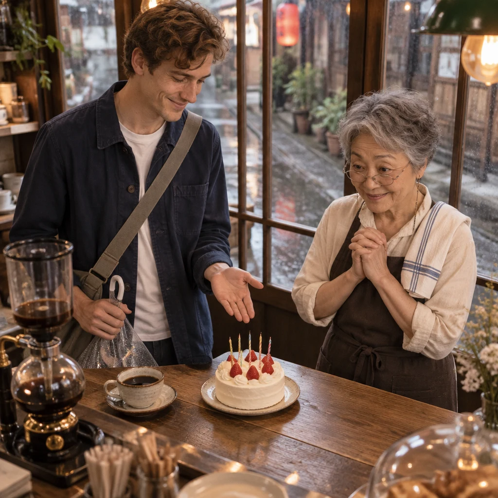 Leo gestures toward the unlit candles as Masako faces the cake, ready to make a wish.