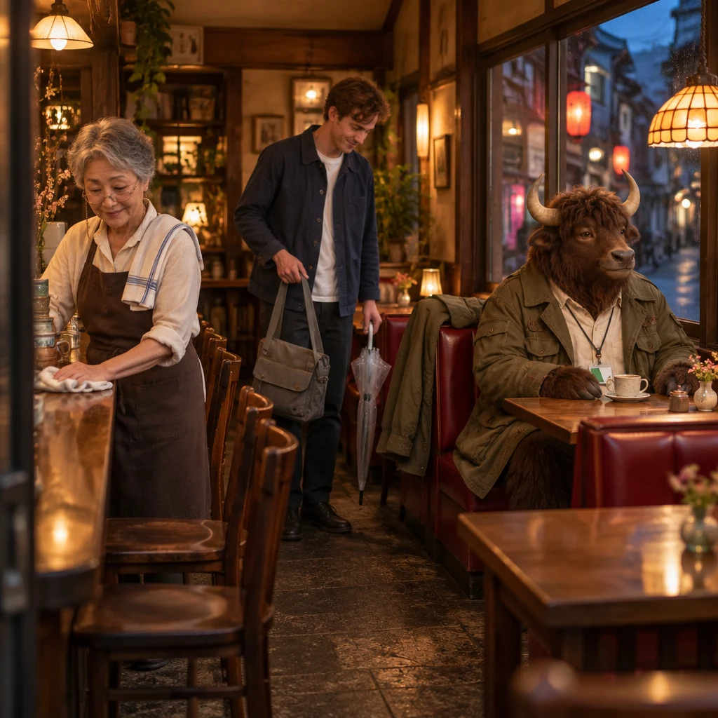 Masako wipes the counter and stacks cups while Leo hangs his bag on a chair and Goro occupies two booth seats.