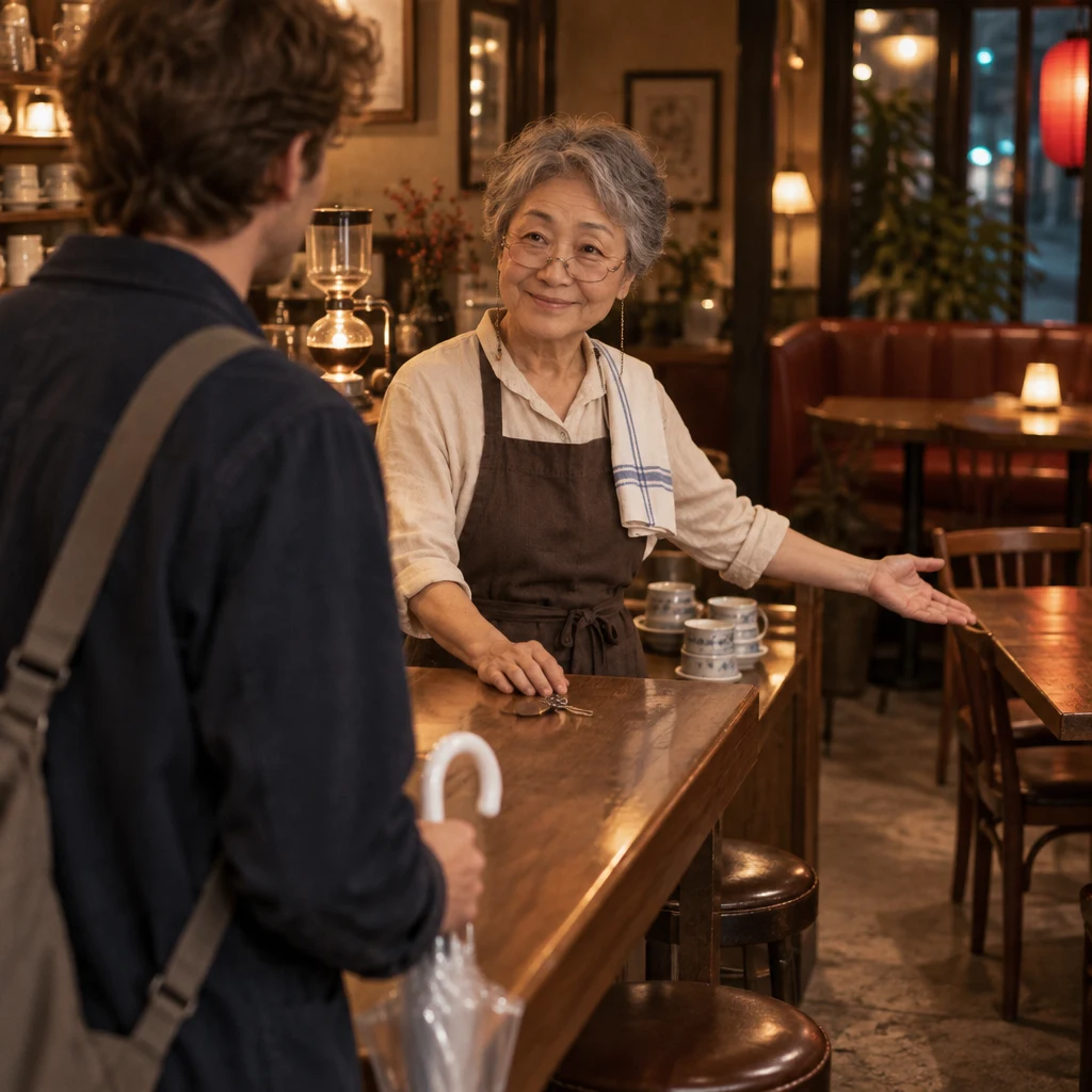 Masako gestures from the keys on the counter toward the wooden table.