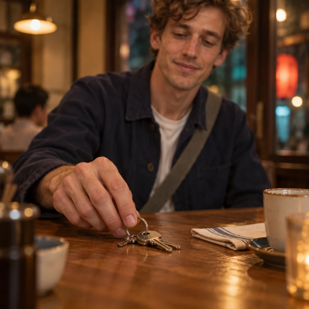 Leo places a bunch of keys on the wooden table.