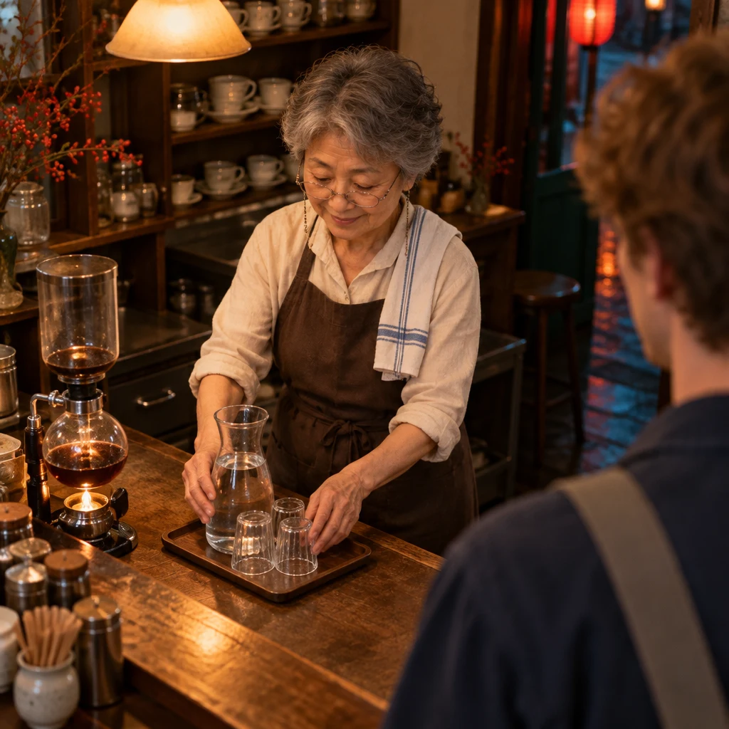 Masako sets a carafe of water and glasses beside the siphon.