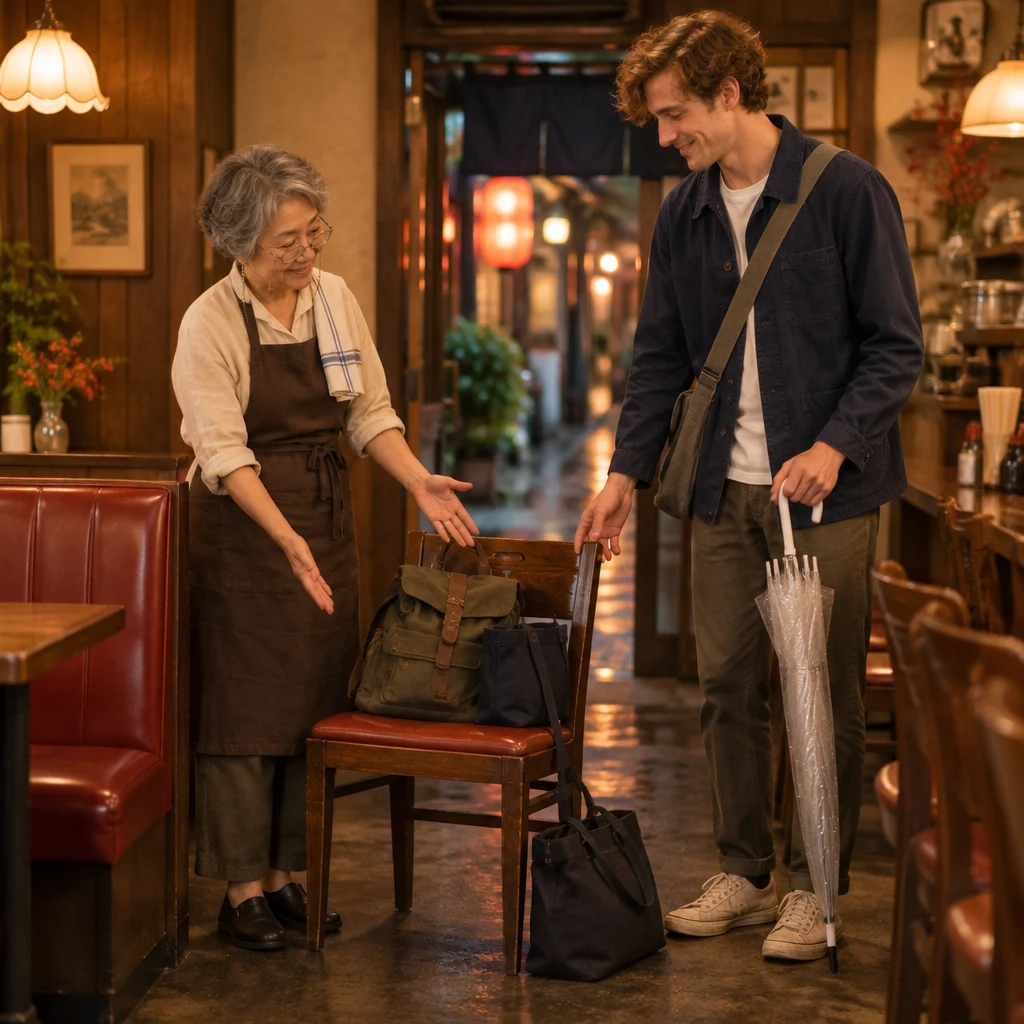 Masako gestures toward bags on a chair and the floor as Leo listens.
