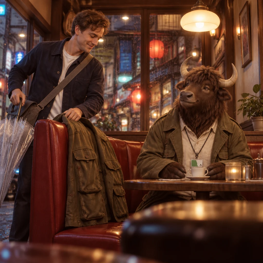 Leo hangs a coat over the booth back while Goro sits across two red booth seats.