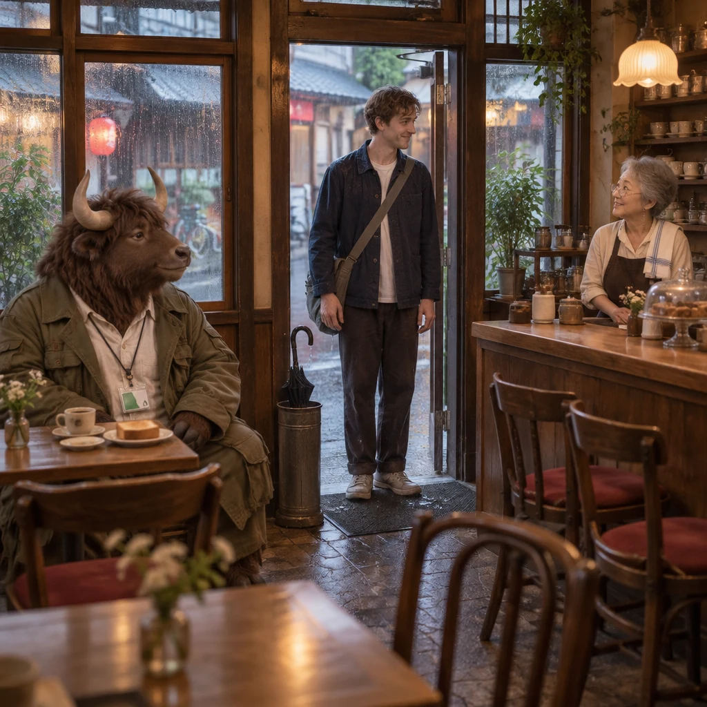 Leo enters the rainy kissa without an umbrella as Masako looks up and Goro sits beside untouched coffee.
