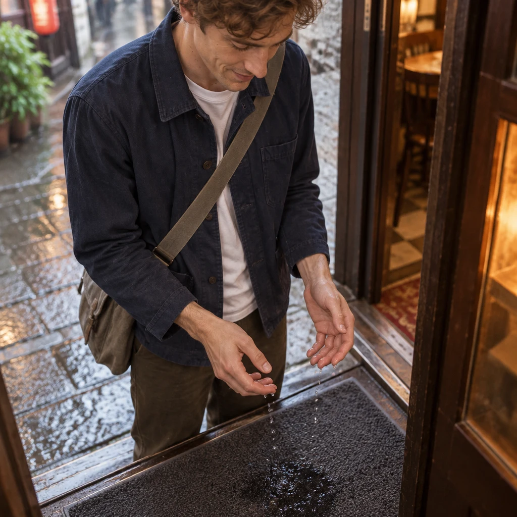 Rainwater falls from Leo's empty hands onto the kissa entrance mat.