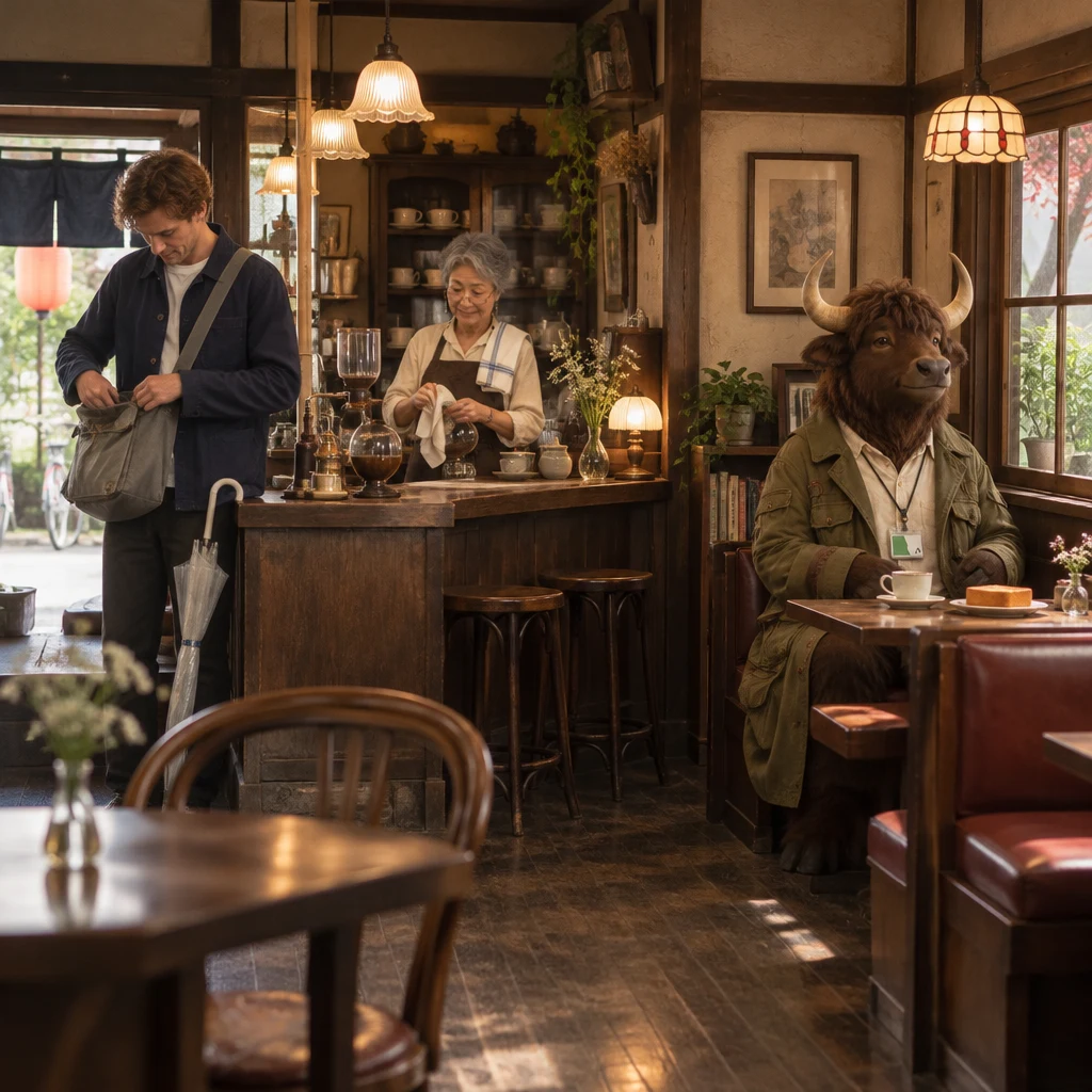 Leo searches his open messenger bag near the entrance while Masako works behind the counter and Goro sits with untouched coffee in the corner booth.