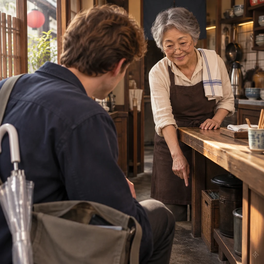 Masako gestures toward the space beneath the counter as Leo looks on.