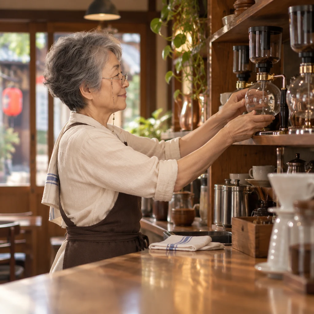 Masako returns the last cleaned siphon pot to its shelf.