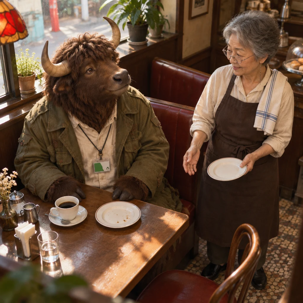 Goro looks toward Masako beside an empty toast plate while his coffee remains untouched.
