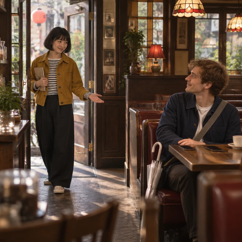 Haruka enters and gestures toward Leo in the booth as she asks if he is free this weekend.