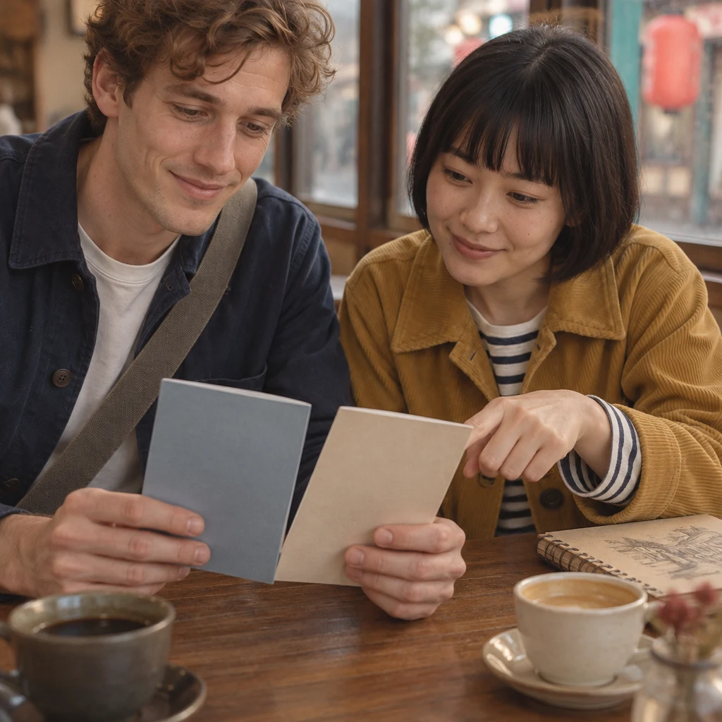 Leo and Haruka compare two travel pamphlets as they consider which shinkansen to take.