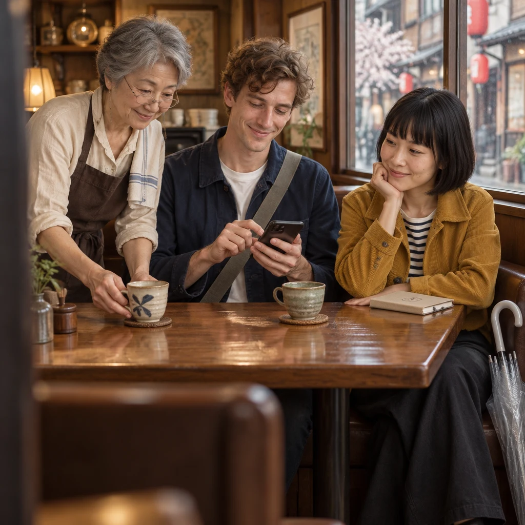 Leo taps his phone to book the hotel while Masako sets down cups beside Haruka.
