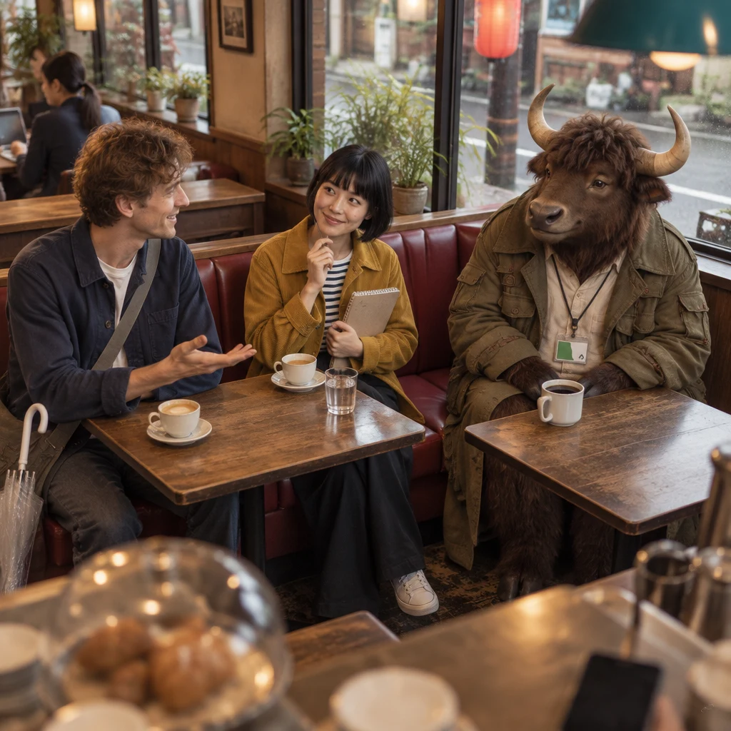 Leo asks Haruka what she wants to eat while Goro sits across two seats with his coffee untouched.