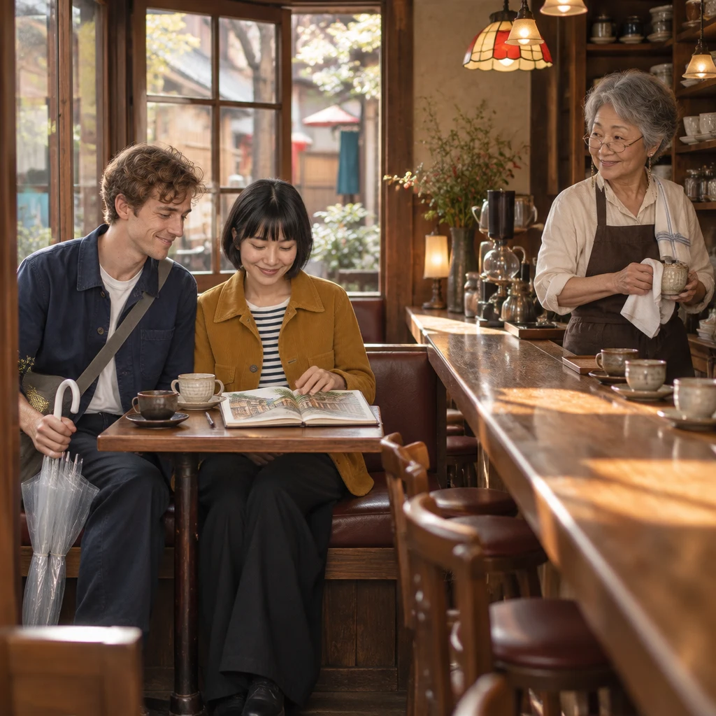 Leo and Haruka settle into a booth with an open sketchbook while Masako wipes an unmatched cup at the counter.