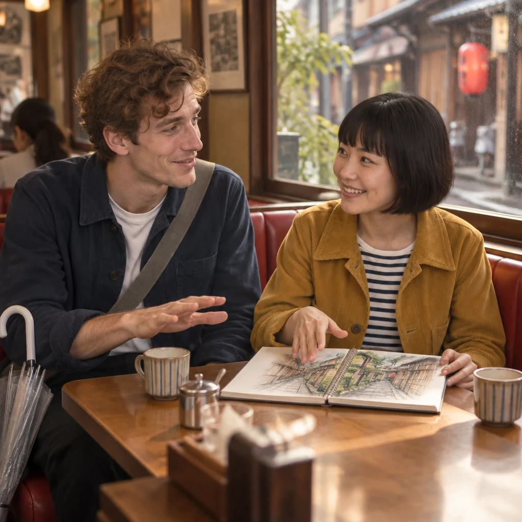 Leo gently raises an open palm while Haruka presents the Kyoto sketch across the booth table.