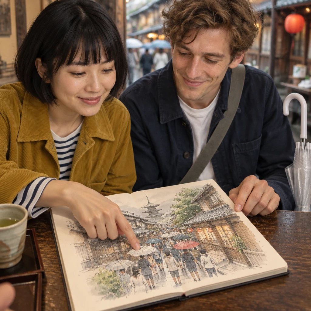 Haruka points to a crowded Kyoto lane in the sketchbook while Leo rests a hand near the page.