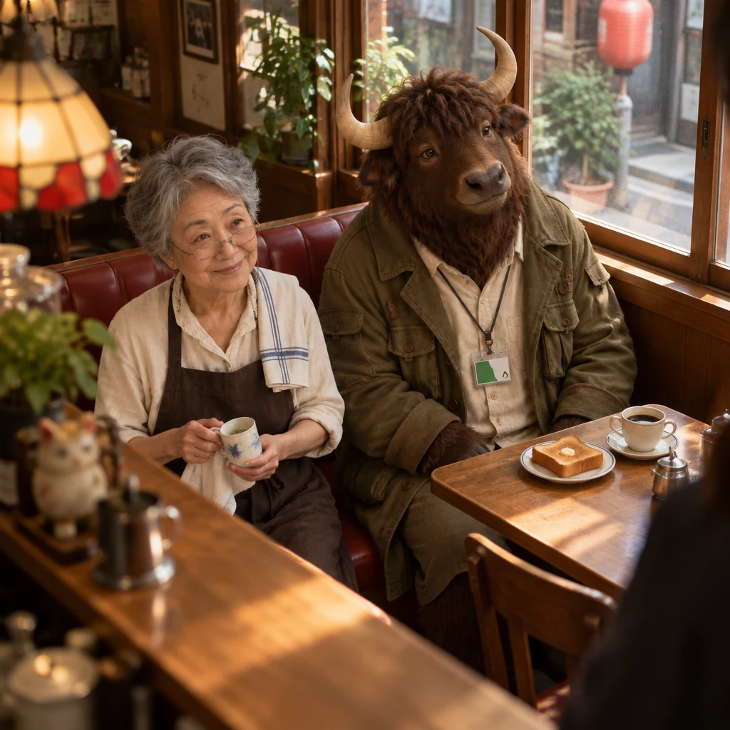 Masako pauses over the unmatched cup while Goro turns toward the conversation from the corner seating.