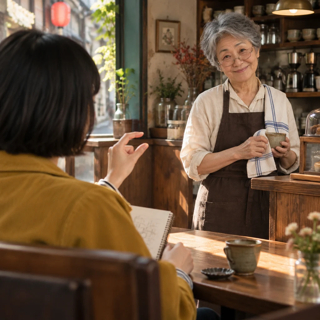 Masako holds the unmatched cup still and gives Haruka a gently teasing look across the cafe.