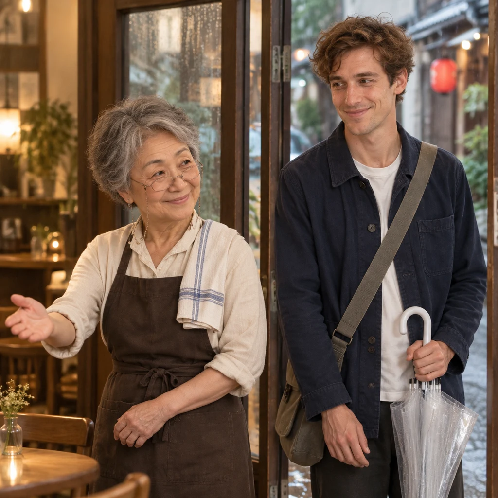 Masako welcomes Leo inside and gestures that staying in the shop is best on a day like this.