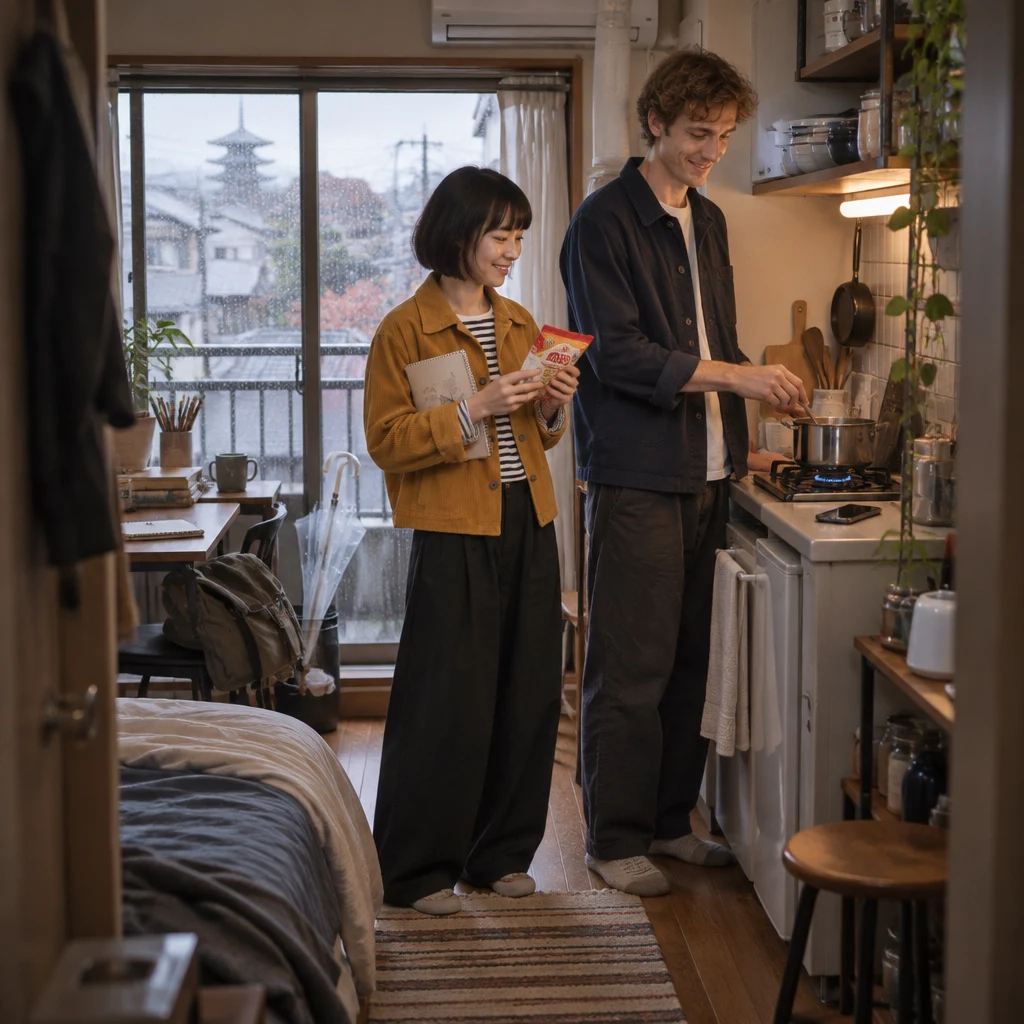 Haruka arrives with ramen as Leo waits beside the tiny kitchen counter on a rainy morning.