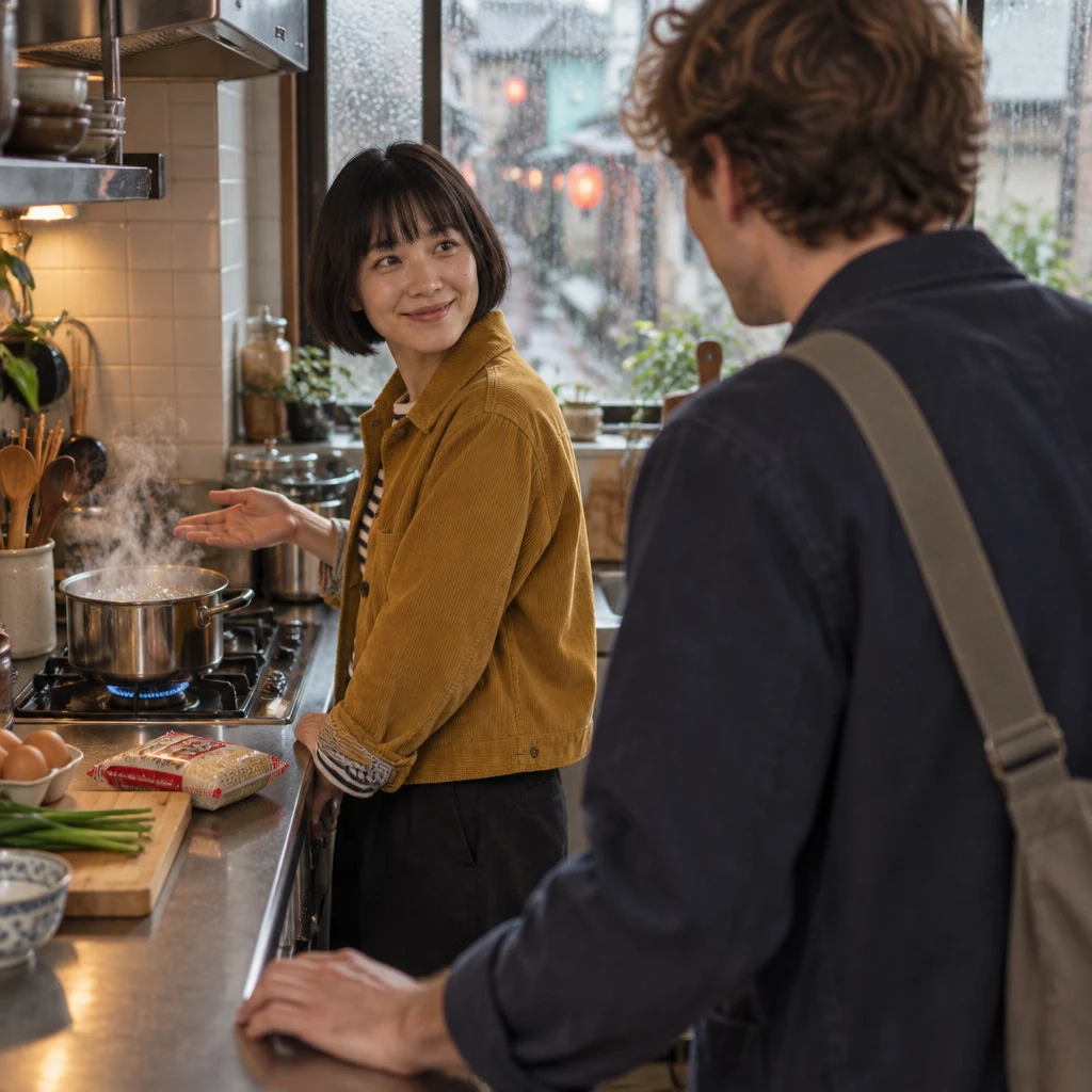 Haruka gestures toward the pot as the water begins to boil and Leo follows her guidance.