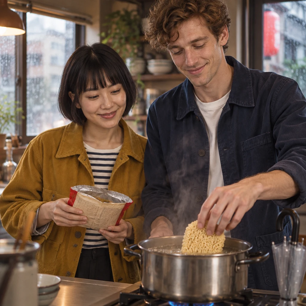 Leo lowers the noodles into the pot while Haruka holds the open ramen packet nearby.