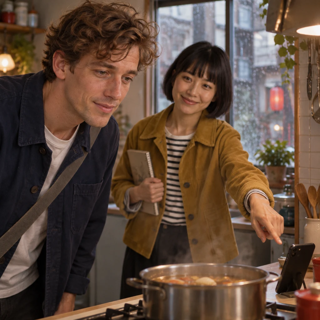 Leo listens as Haruka indicates the phone timer and explains the short cooking time.