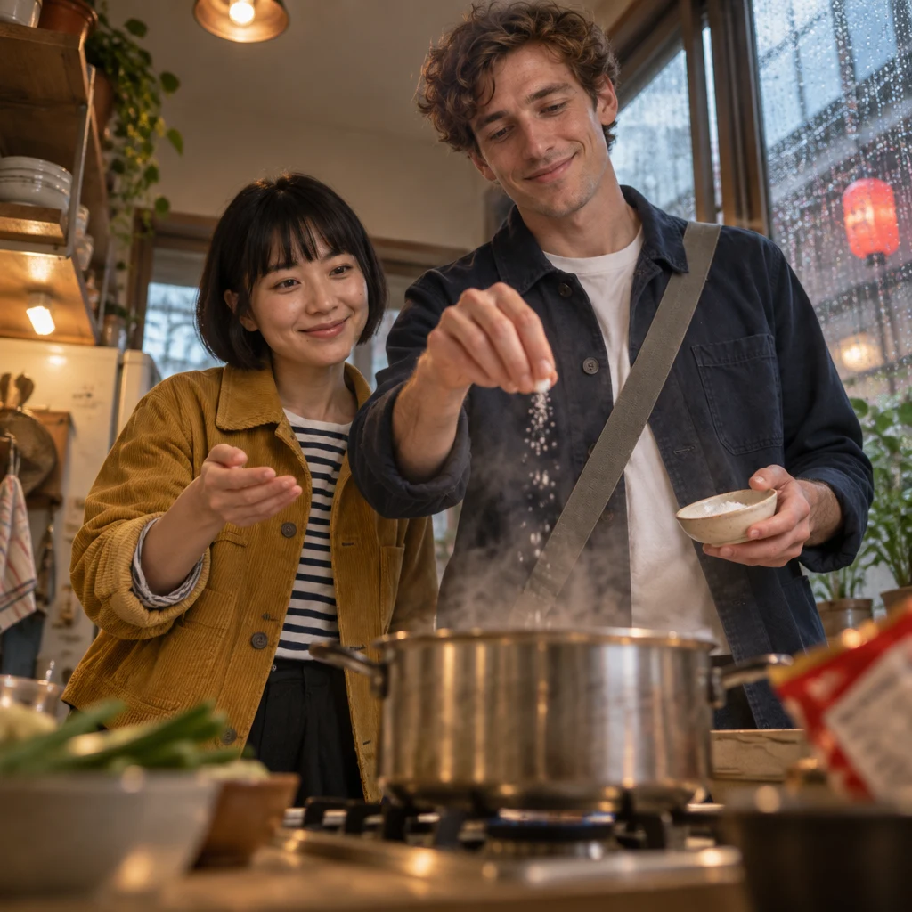 Leo adds a small pinch of salt to the pot as Haruka guides him.