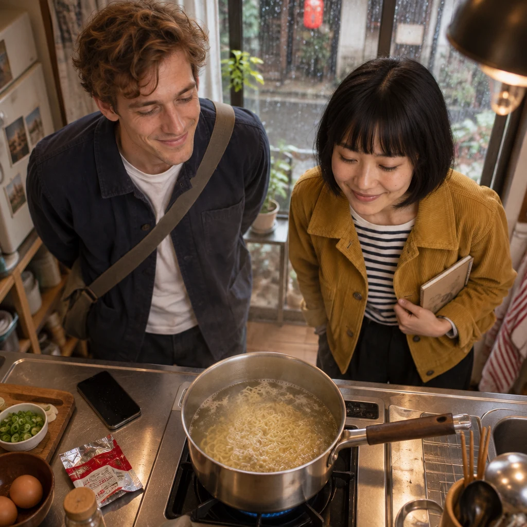 Leo and Haruka check the noodles as they soften in the pot.