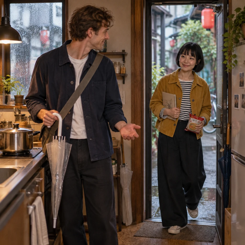 Haruka has just entered with ramen while Leo gestures modestly as he admits he rarely cooks.