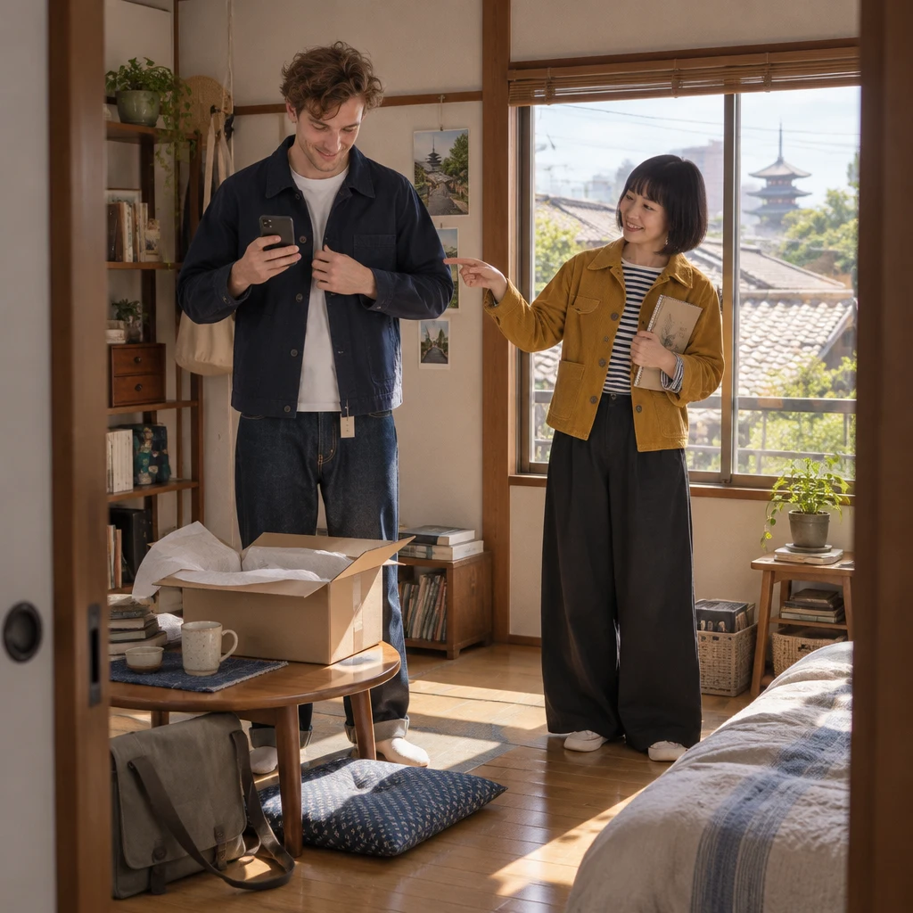 Leo tries on the newly delivered jacket while Haruka notices its snug fit.