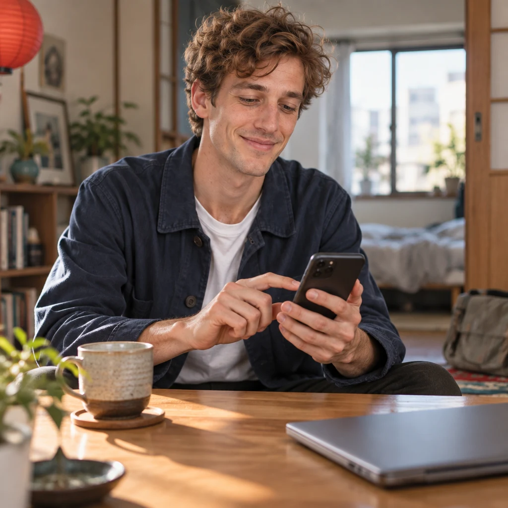 Leo uses his phone to place an online order for a jacket.