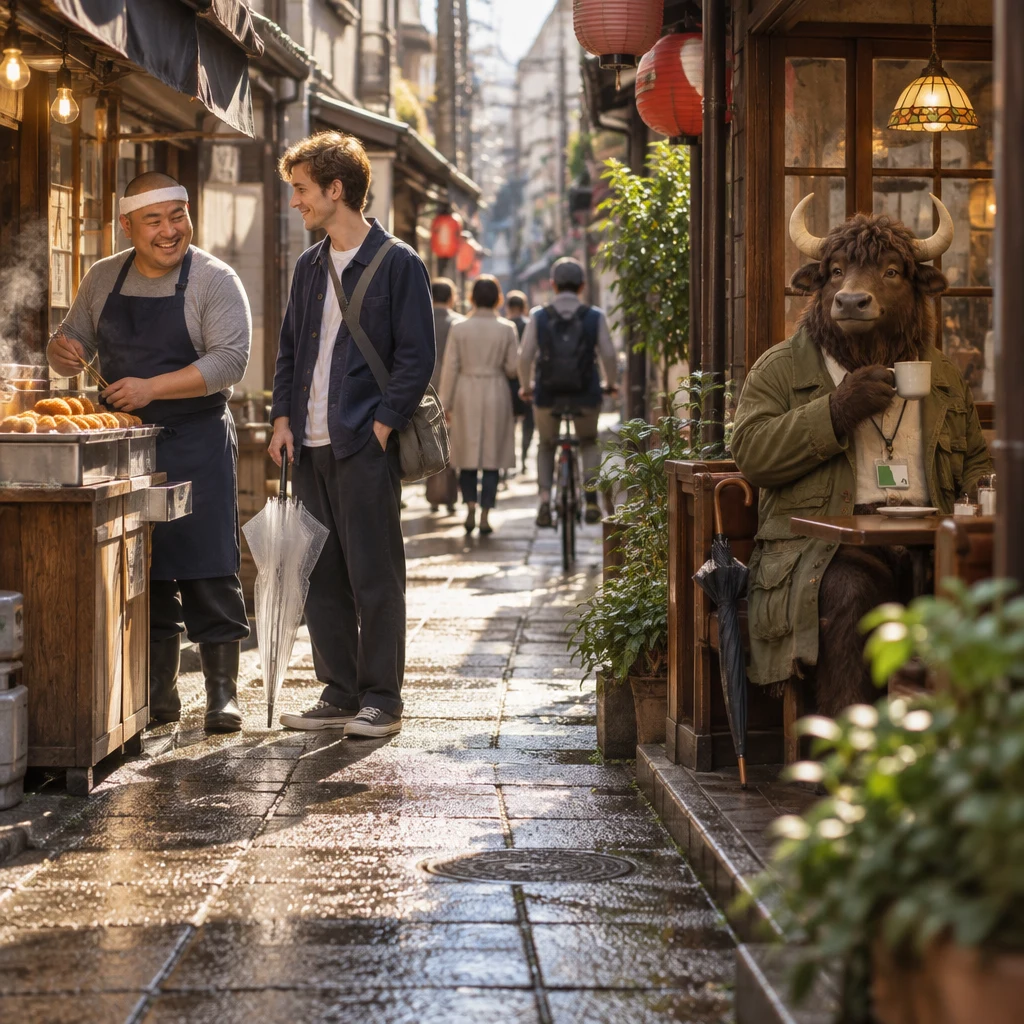Leo stands beside Kenta’s croquette stand on busy Yanaka Ginza, while Goro sits across the lane with his coffee untouched.