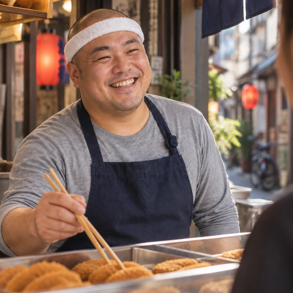 Kenta listens as the visitor asks which food is most popular.