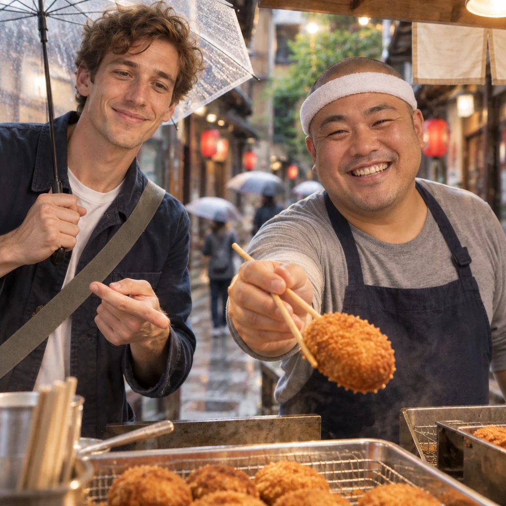 Kenta presents a freshly fried croquette as Leo points it out as the one to try.