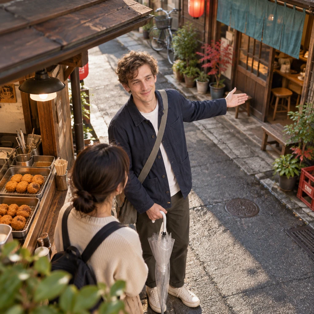 Leo gives a mild, courteous gesture toward the neighboring shop as he advises against it.