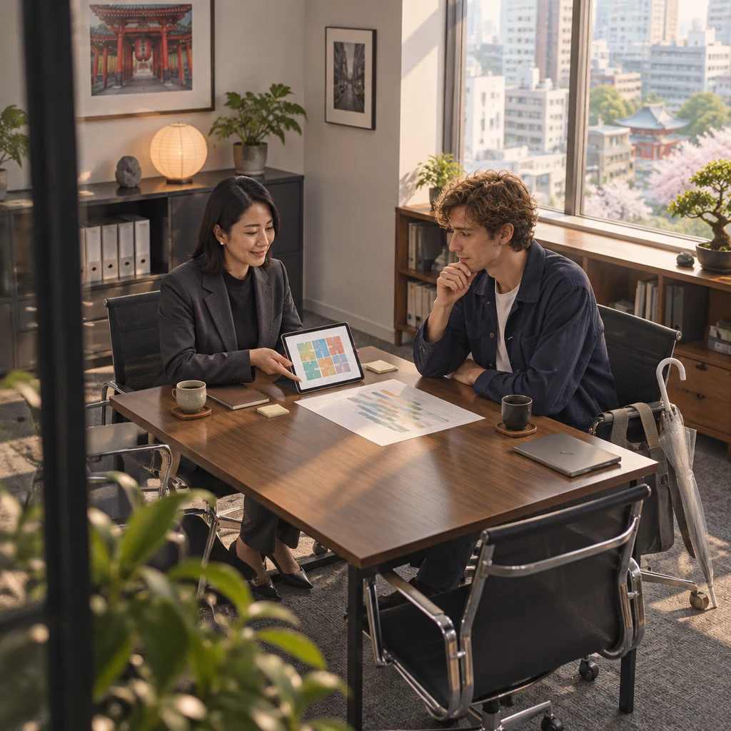 Mori-san and Leo sit across the office table with the puzzle game open on a tablet and a progress sheet between them.