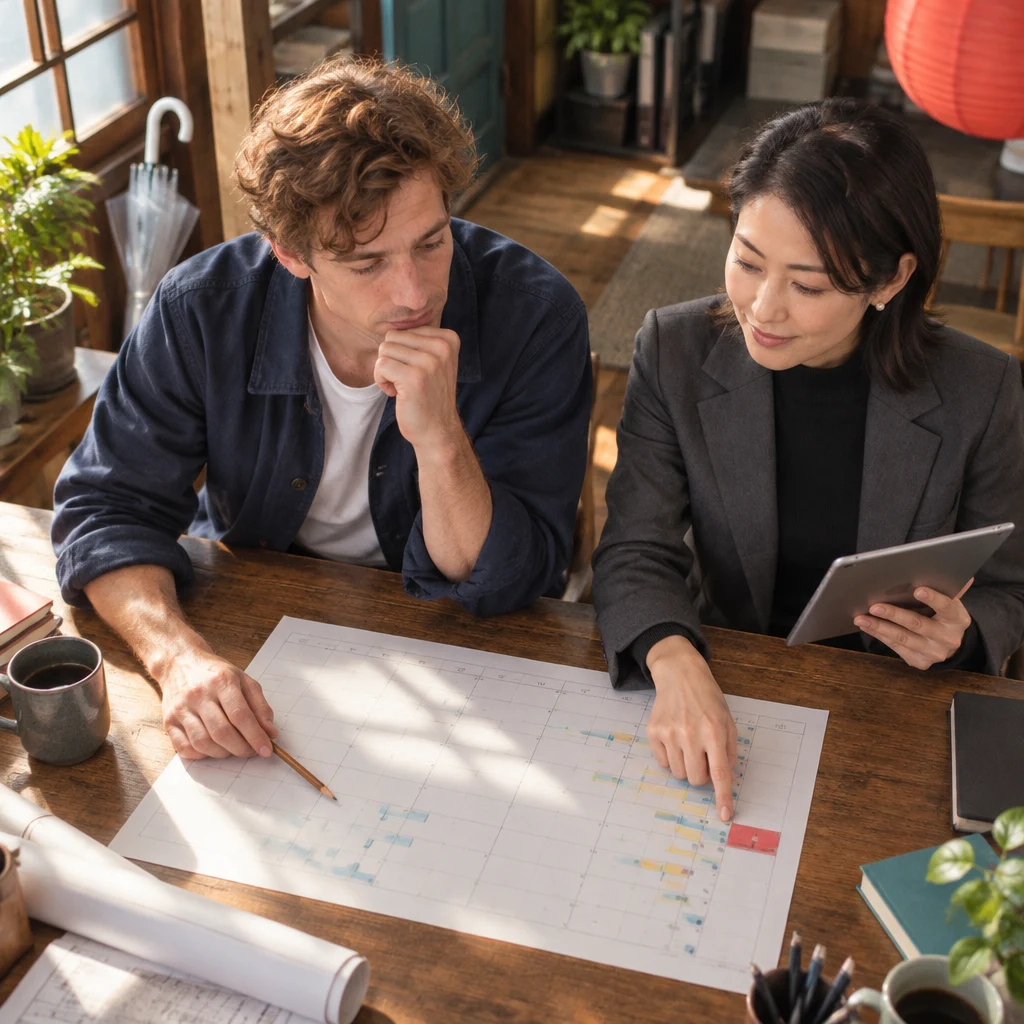 Leo studies the crowded delivery plan while Mori-san waits beside him, weighing how close the work will come to the deadline.