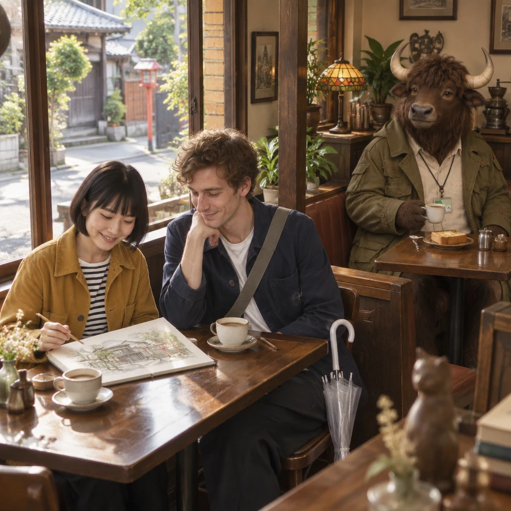 Haruka’s nearly finished sketch is spread across a table as Leo joins her at Kissa Hotaru in Yanaka, while Goro waits for toast in a corner booth.