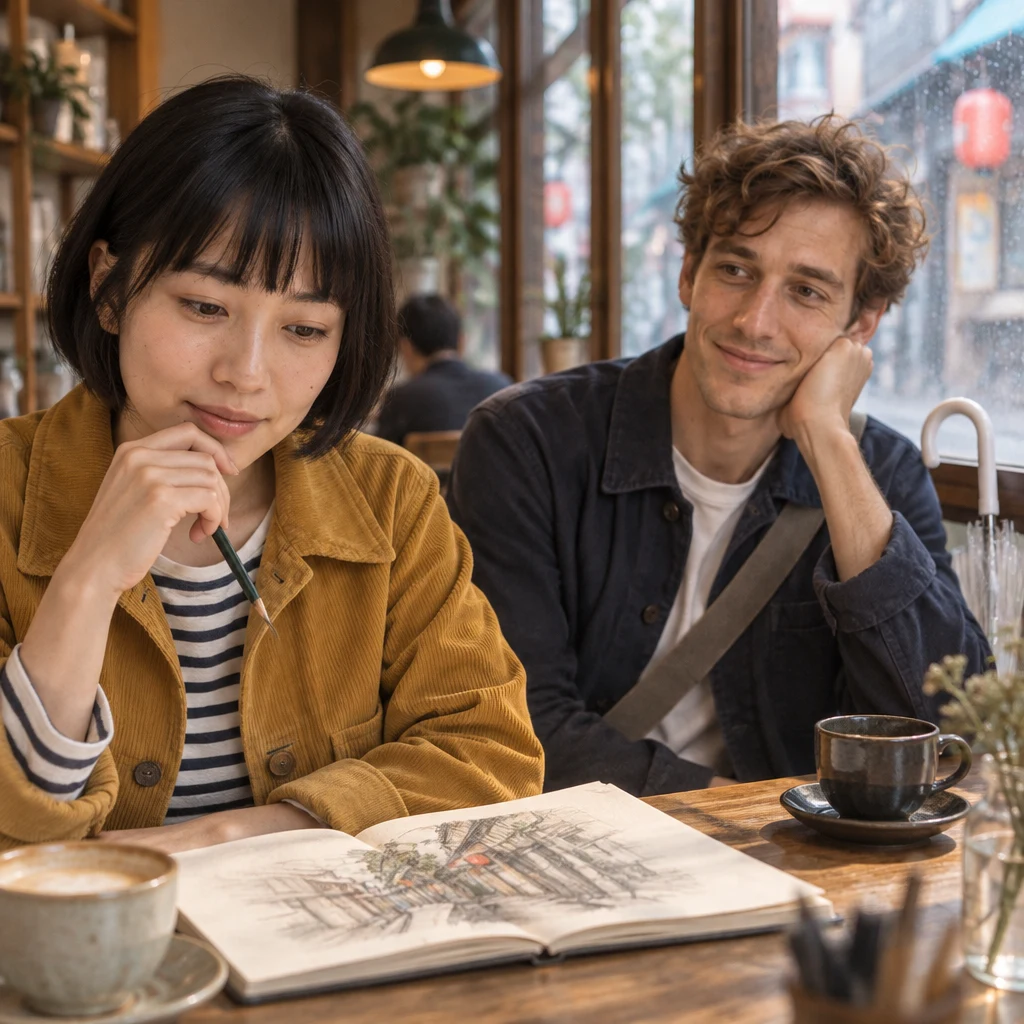 Haruka considers whether she will have time to join the outing as Leo listens across the table.