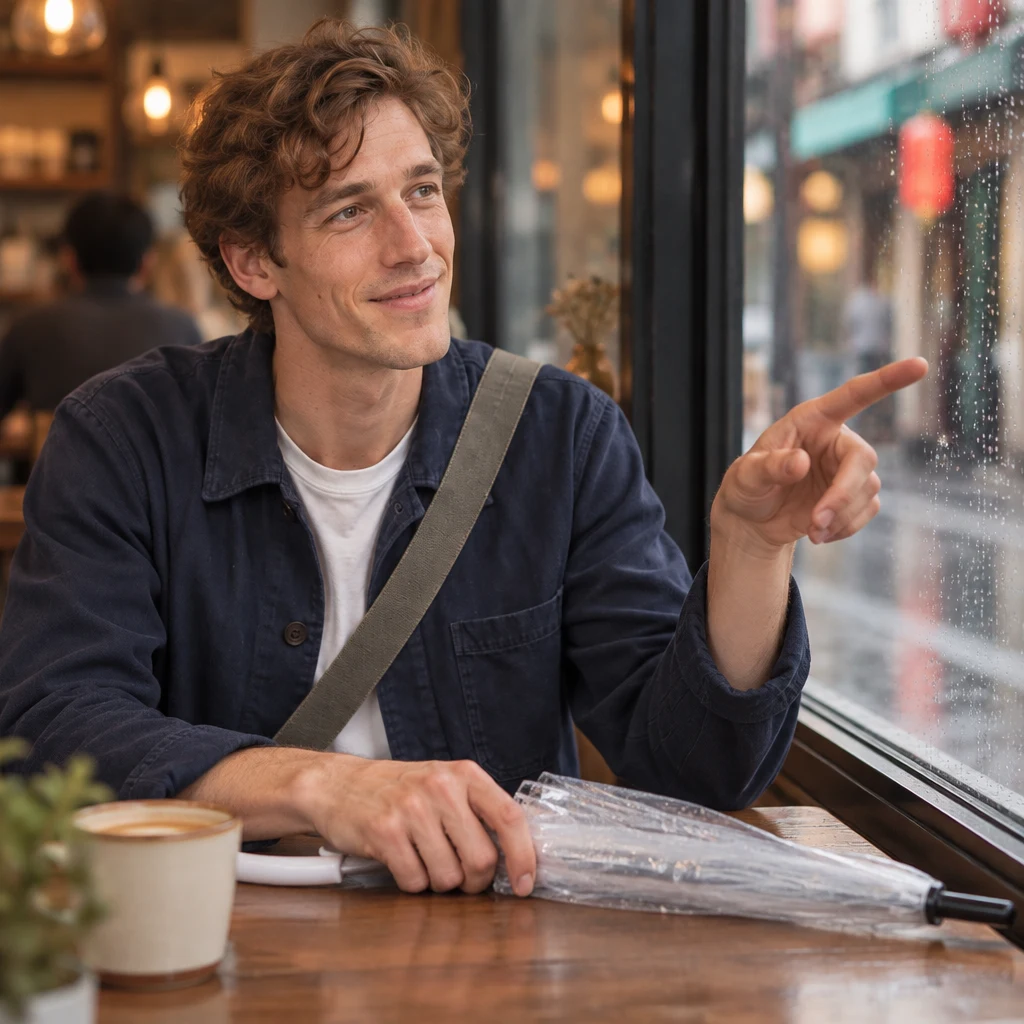 Leo gestures toward the rain-dappled window as he explains that rain would cancel the outing.