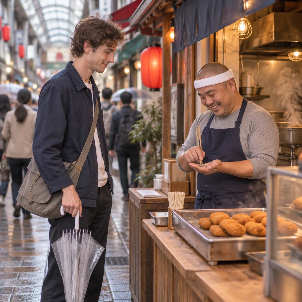 Leo and Kenta pause over the change at the busy croquette stand as a fresh batch cools behind the counter.